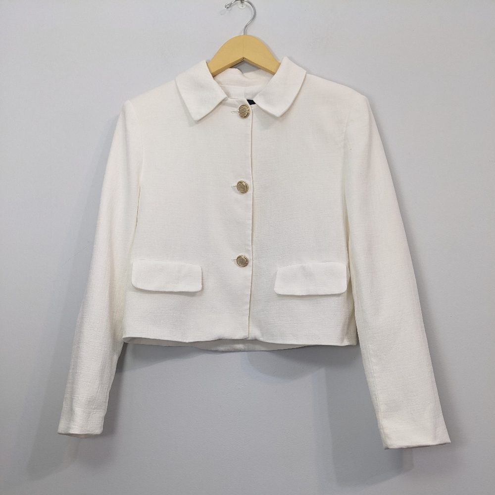 Zara Cropped Linen Blend Shoulder Pad Lined Blazer Jacket | Small
